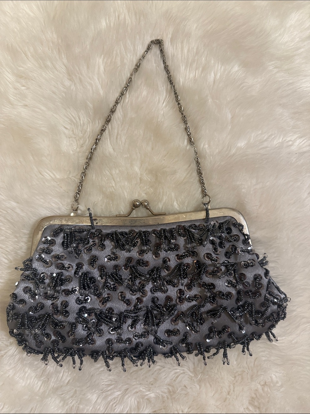 Bijoux Terner Gray Beaded Satin Evening Clutch Purse Chain Strap